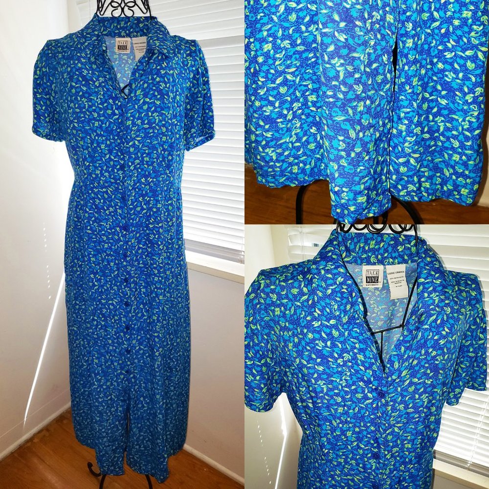 SOLD Vtg 1970s Rayon Cotton Short Sleeve Shirt Dress Blue Floral Mid Century M